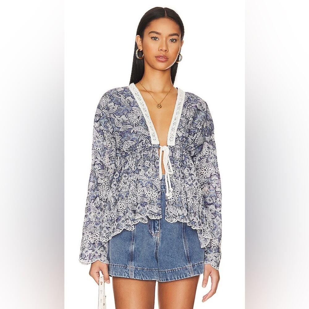 Free People Anissa Bed Jacket Eyelet Lace Tie Front Blue Combo Size S Beach Boho - Picture 4 of 15
